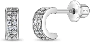 925 Sterling Silver Clear Cubic Zirconia Half Hoop Earrings With Safety Screw Back Closure For Toddlers and Little Girls - Extra Small Half Hoop Earrings for Children