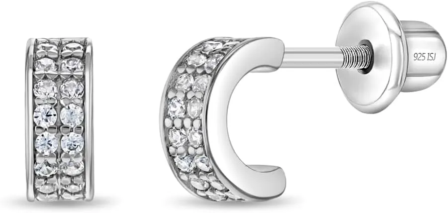 925 Sterling Silver Clear Cubic Zirconia Half Hoop Earrings With Safety Screw Back Closure For Toddlers and Little Girls - Extra Small Half Hoop Earrings for Children