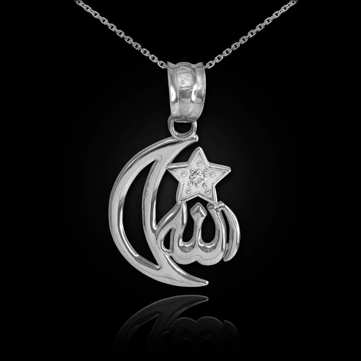 925 Sterling Silver CZ-Accented Islamic Star and Crescent Moon Allah Pendant Necklace