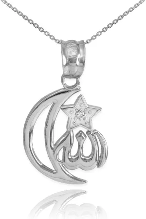 925 Sterling Silver CZ-Accented Islamic Star and Crescent Moon Allah Pendant Necklace