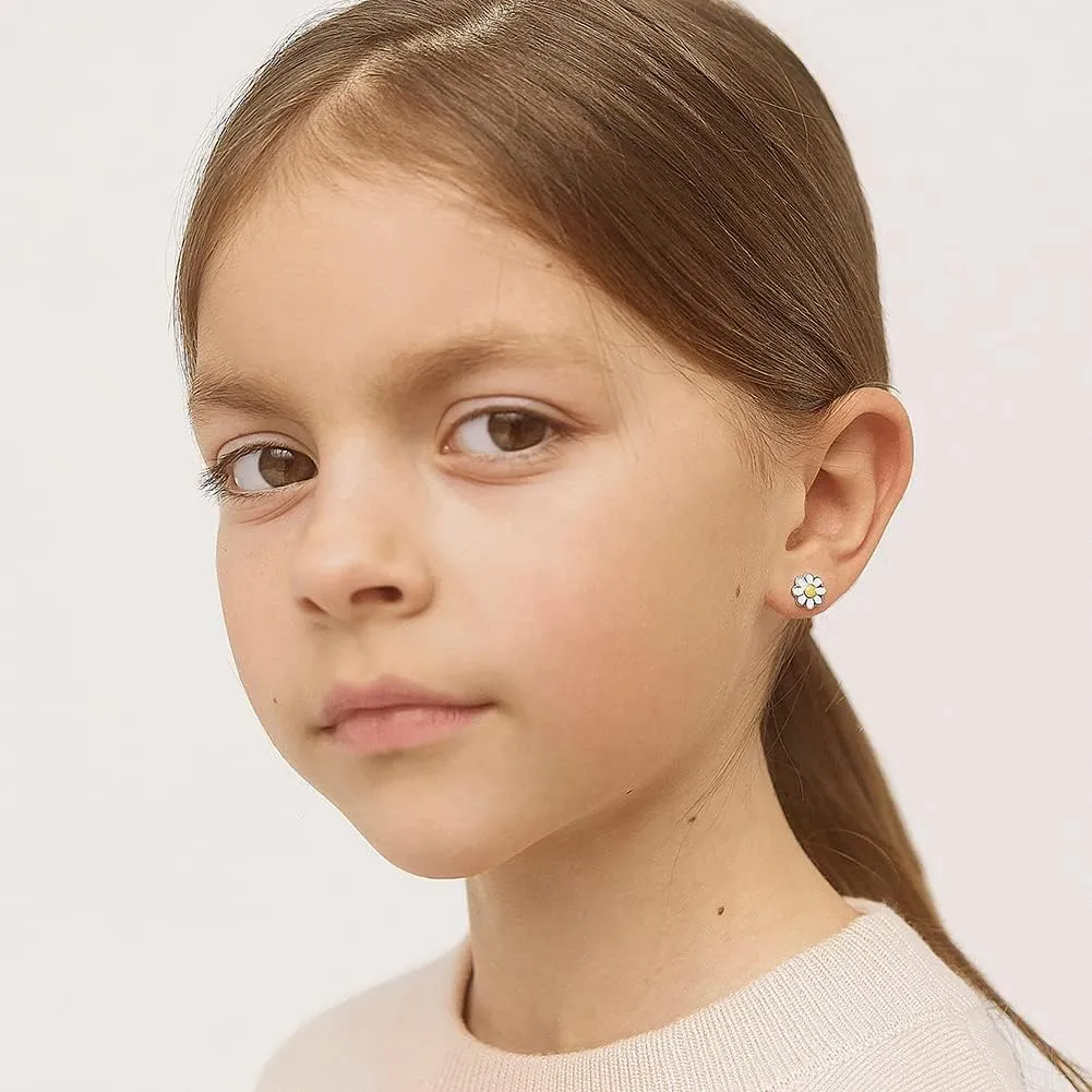 925 Sterling Silver Enamel Daisy Flower Girl's Earrings with Safety Screw Back Locking Best for Toddlers, Young Girls, and Pre Teens - Sweet and Lovely Floral Studs for Girls
