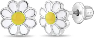 925 Sterling Silver Enamel Daisy Flower Girl's Earrings with Safety Screw Back Locking Best for Toddlers, Young Girls, and Pre Teens - Sweet and Lovely Floral Studs for Girls