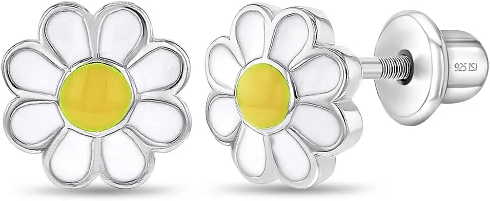 925 Sterling Silver Enamel Daisy Flower Girl's Earrings with Safety Screw Back Locking Best for Toddlers, Young Girls, and Pre Teens - Sweet and Lovely Floral Studs for Girls