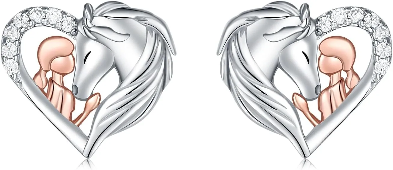 925 Sterling Silver Horse Stud Earrings Hypoallergenic Heart Horse Ear Studs for Women Dog Wolf Fox Animal Earrings for Horse Lover Christmas Jewelry Gifts for Daughter