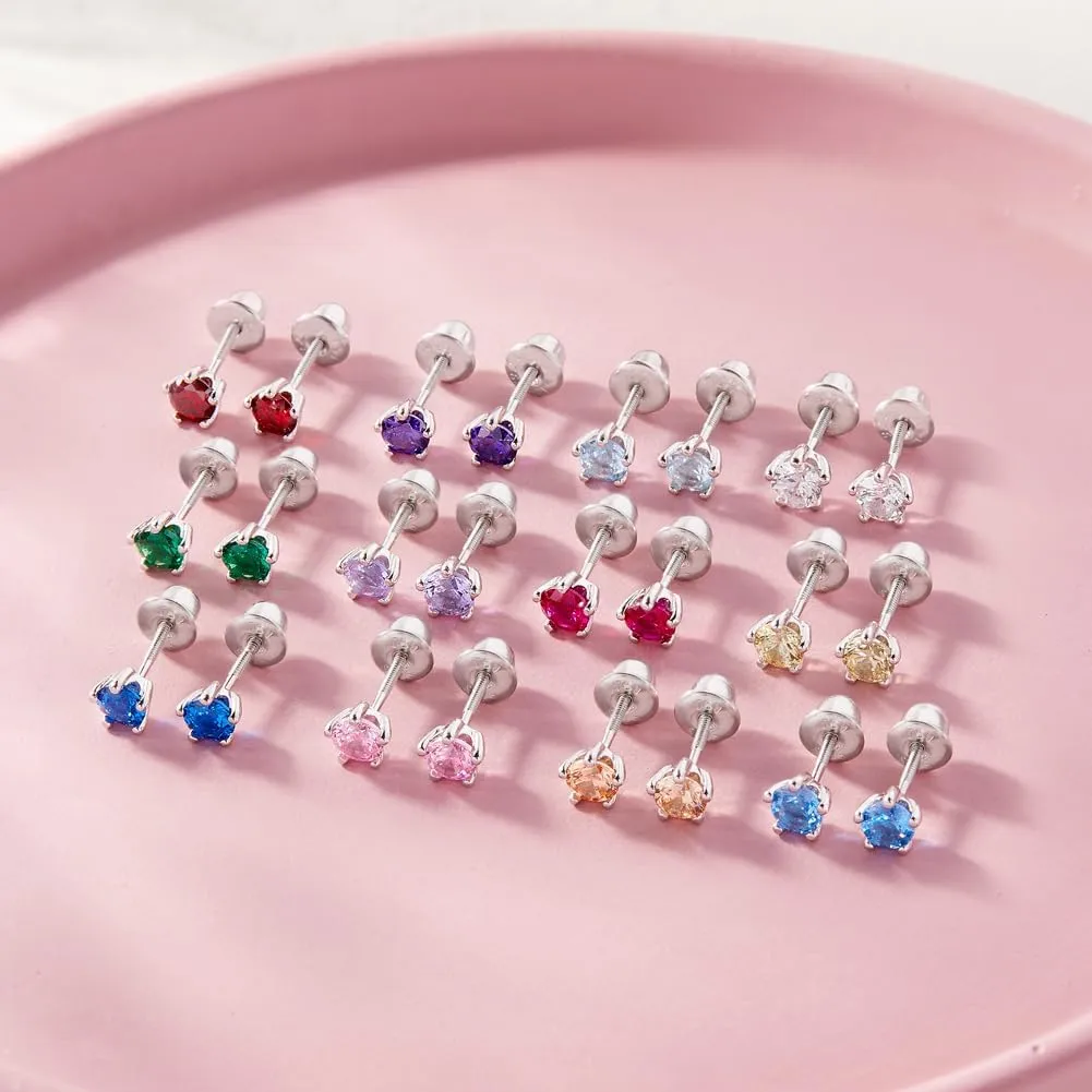 925 Sterling Silver Hypoallergenic 4mm Solitaire Simulated Birthstone Earrings for Girls - Round Simulated Birthstone Kids Earrings Cubic Zirconia for Toddlers - CZ Safety Back Earrings