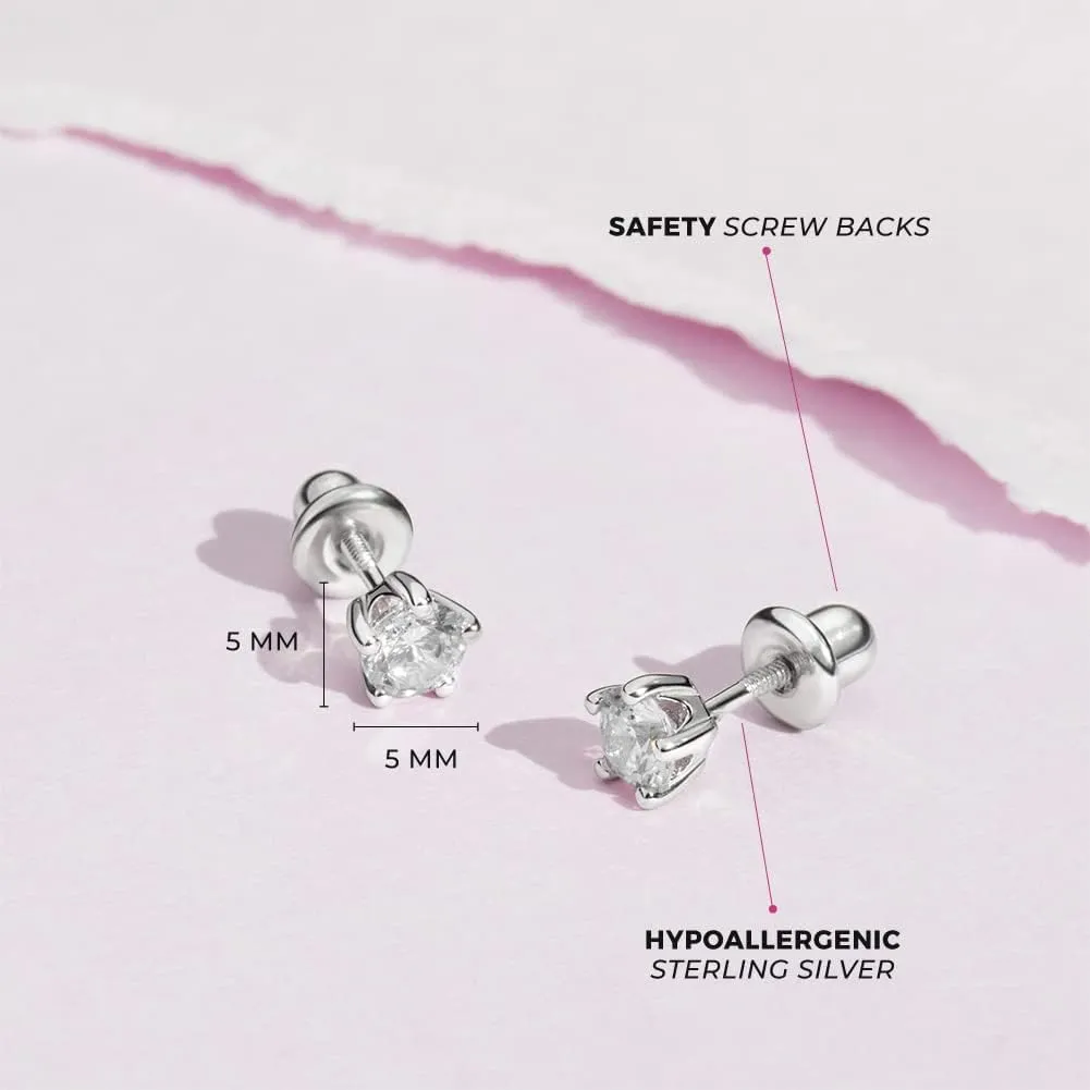 925 Sterling Silver Hypoallergenic 4mm Solitaire Simulated Birthstone Earrings for Girls - Round Simulated Birthstone Kids Earrings Cubic Zirconia for Toddlers - CZ Safety Back Earrings