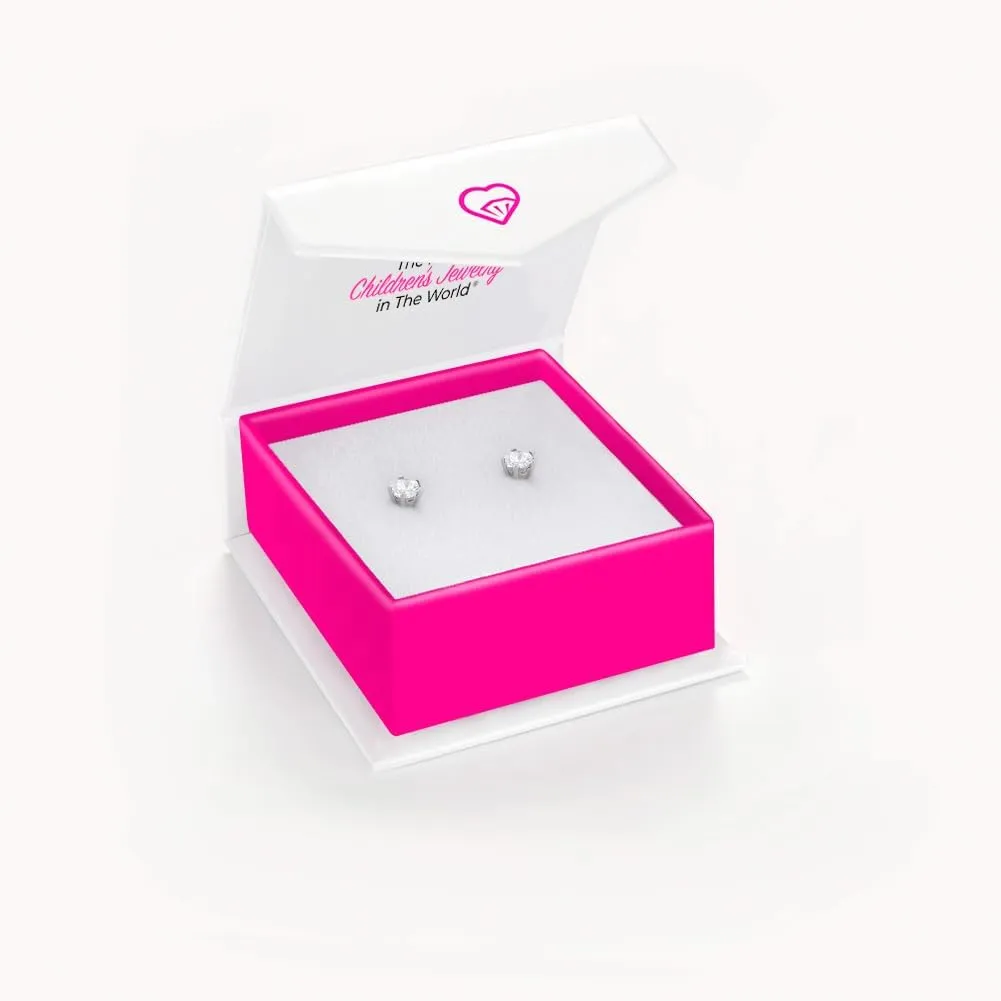 925 Sterling Silver Hypoallergenic 4mm Solitaire Simulated Birthstone Earrings for Girls - Round Simulated Birthstone Kids Earrings Cubic Zirconia for Toddlers - CZ Safety Back Earrings