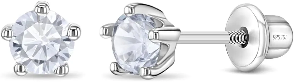 925 Sterling Silver Hypoallergenic 4mm Solitaire Simulated Birthstone Earrings for Girls - Round Simulated Birthstone Kids Earrings Cubic Zirconia for Toddlers - CZ Safety Back Earrings