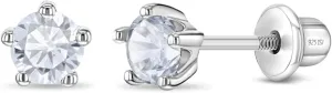 925 Sterling Silver Hypoallergenic 4mm Solitaire Simulated Birthstone Earrings for Girls - Round Simulated Birthstone Kids Earrings Cubic Zirconia for Toddlers - CZ Safety Back Earrings
