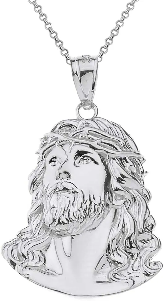925 Sterling Silver Jesus Head Face Charm Religious Pendant Necklace, 0.92"