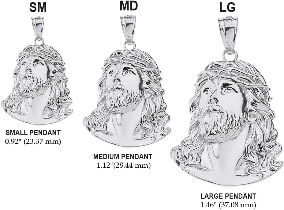925 Sterling Silver Jesus Head Face Charm Religious Pendant Necklace, 0.92"