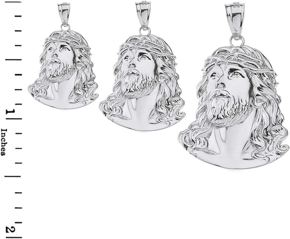 925 Sterling Silver Jesus Head Face Charm Religious Pendant Necklace, 0.92"