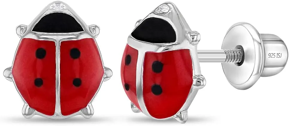 925 Sterling Silver Kids Ladybug Stud Earrings with Safety Screw Back for Little Girls - Cute and Hypoallergenic Twist Locking Screw Back Earrings for Babies, Toddlers, and Young Girls