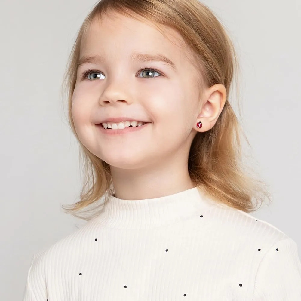 925 Sterling Silver Kids Ladybug Stud Earrings with Safety Screw Back for Little Girls - Cute and Hypoallergenic Twist Locking Screw Back Earrings for Babies, Toddlers, and Young Girls