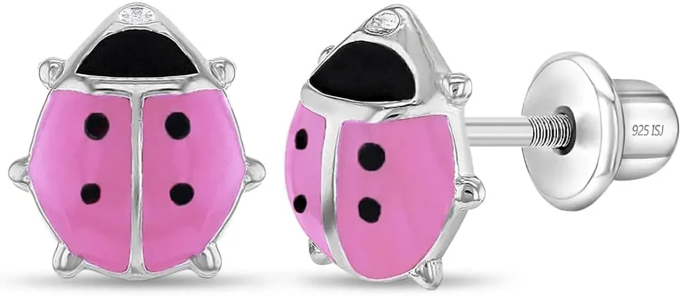 925 Sterling Silver Kids Ladybug Stud Earrings with Safety Screw Back for Little Girls - Cute and Hypoallergenic Twist Locking Screw Back Earrings for Babies, Toddlers, and Young Girls
