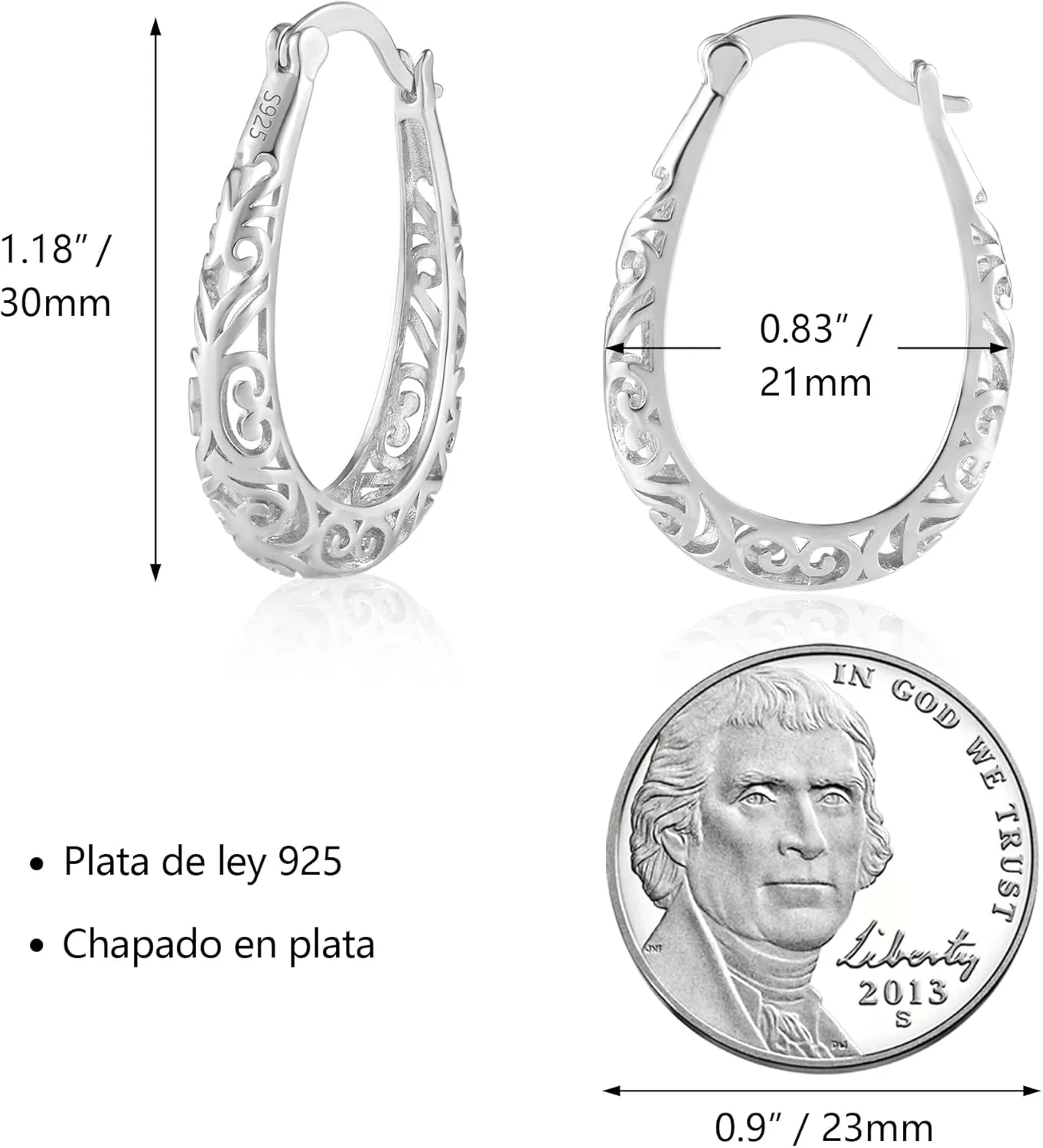 925 Sterling Silver Post Filigree Hoop Earrings for Women Hollow Oval Hoop Earrings Hypoallergenic U Shaped Hoops Earring for Jewelry Gifts