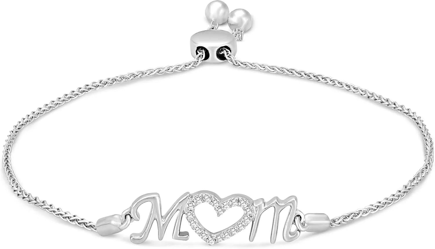 925 Sterling Silver Round-shape Diamond Mom Heart Bolo Bracelet (1/10 cttw, I-J Color, I2-I3 Clarity), 7''