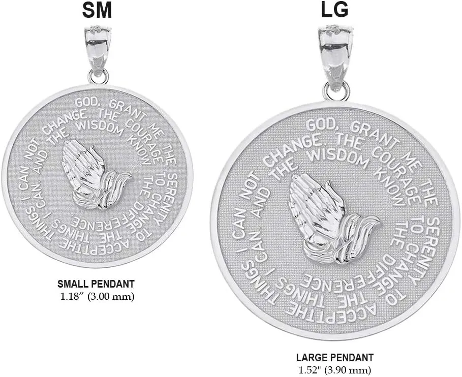 925 Sterling Silver Serenity Prayer with Praying Hands and Lord's Prayer Medal Pendant Necklace Sizes (S-L) - Your Choice of Chain Lengths