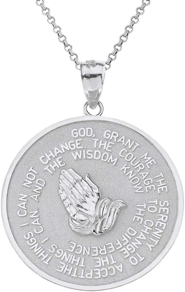 925 Sterling Silver Serenity Prayer with Praying Hands and Lord's Prayer Medal Pendant Necklace Sizes (S-L) - Your Choice of Chain Lengths
