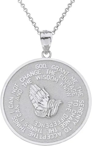 925 Sterling Silver Serenity Prayer with Praying Hands and Lord's Prayer Medal Pendant Necklace Sizes (S-L) - Your Choice of Chain Lengths