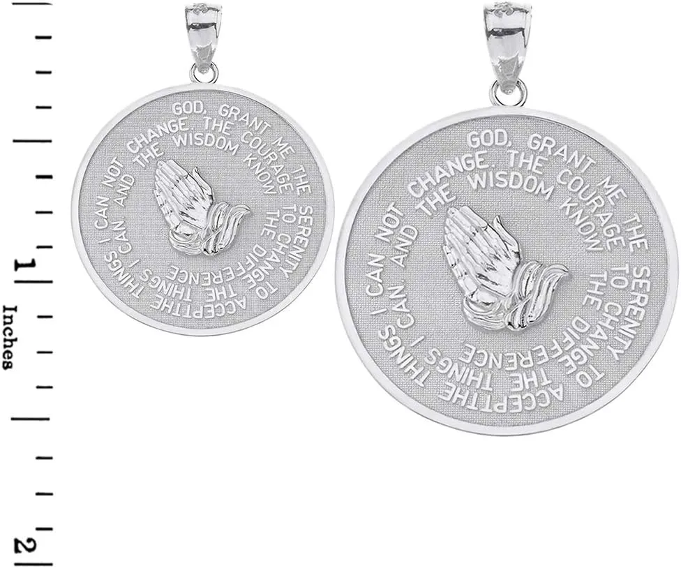 925 Sterling Silver Serenity Prayer with Praying Hands and Lord's Prayer Medal Pendant Necklace Sizes (S-L) - Your Choice of Chain Lengths