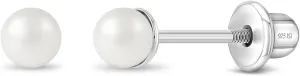 925 Sterling Silver Simulated Pearl Baby Earrings in 3mm-5mm for Toddlers & Young Girls - Hypoallergenic Safety Screw Back Earrings with White Simulated Pearls for Kids