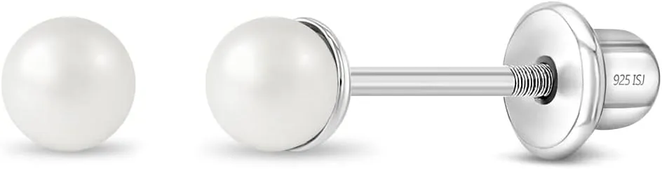 925 Sterling Silver Simulated Pearl Baby Earrings in 3mm-5mm for Toddlers & Young Girls - Hypoallergenic Safety Screw Back Earrings with White Simulated Pearls for Kids