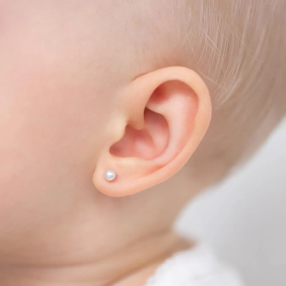 925 Sterling Silver Simulated Pearl Baby Earrings in 3mm-5mm for Toddlers & Young Girls - Hypoallergenic Safety Screw Back Earrings with White Simulated Pearls for Kids
