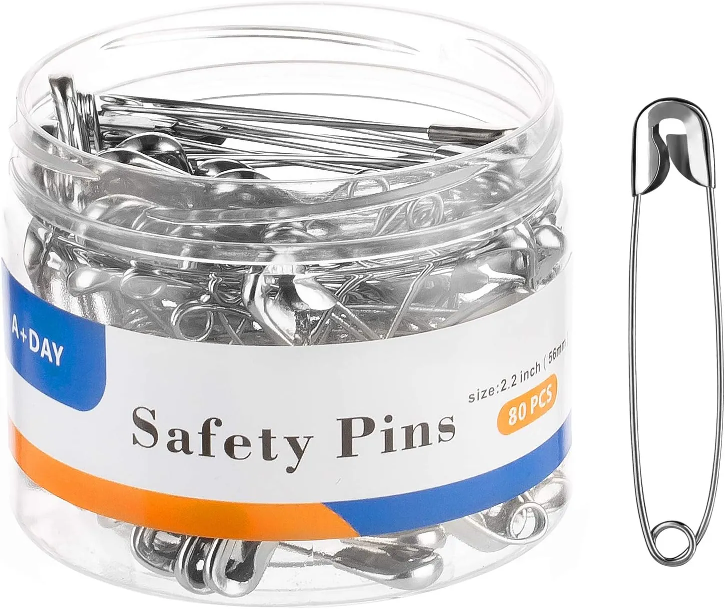 A DAY Large Safety Pins 2.2 Inch (56mm), Size 4, 80-Count, Nickel Finish