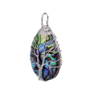 Abalone Shell Wire Wrapped Tree of Life Teardrop Charm Pendant, Silvery Wire