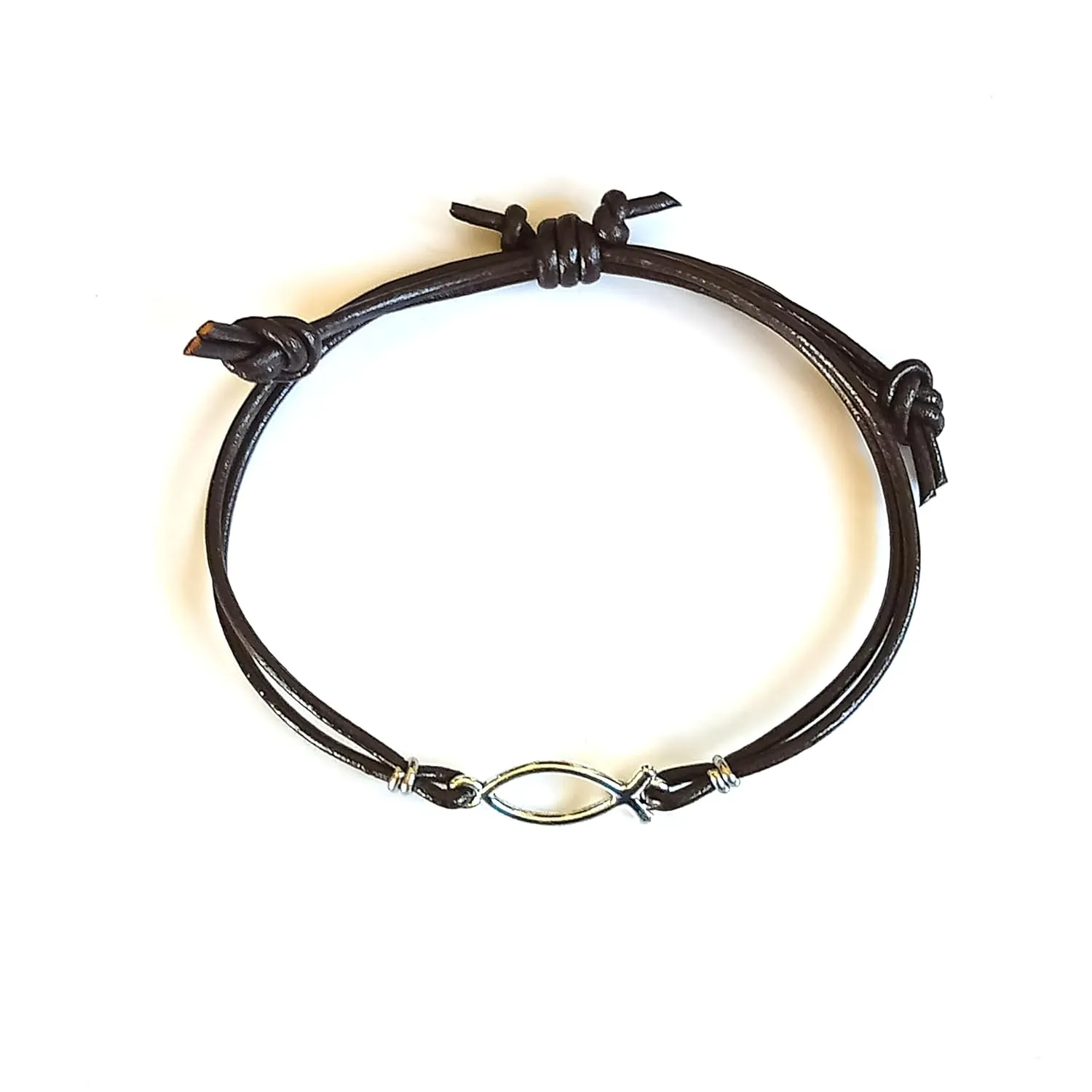 Adjustable Leather Bracelet with Jesus Fish Pendant Charm