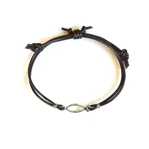 Adjustable Leather Bracelet with Jesus Fish Pendant Charm