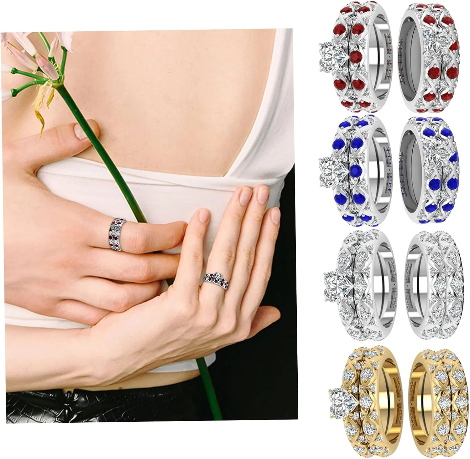 Adjustable Rings for Women and Peach Pattern Full Diamonds Zircon Ring European American Couple Micro-Inlaid Diamonds Heart Inlaid Rings Stainless Steel Stacking Rings (RED, 6)