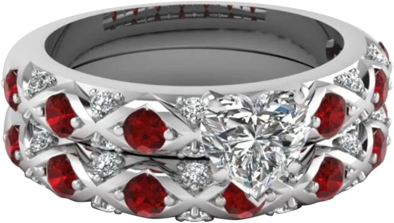Adjustable Rings for Women and Peach Pattern Full Diamonds Zircon Ring European American Couple Micro-Inlaid Diamonds Heart Inlaid Rings Stainless Steel Stacking Rings (RED, 6)