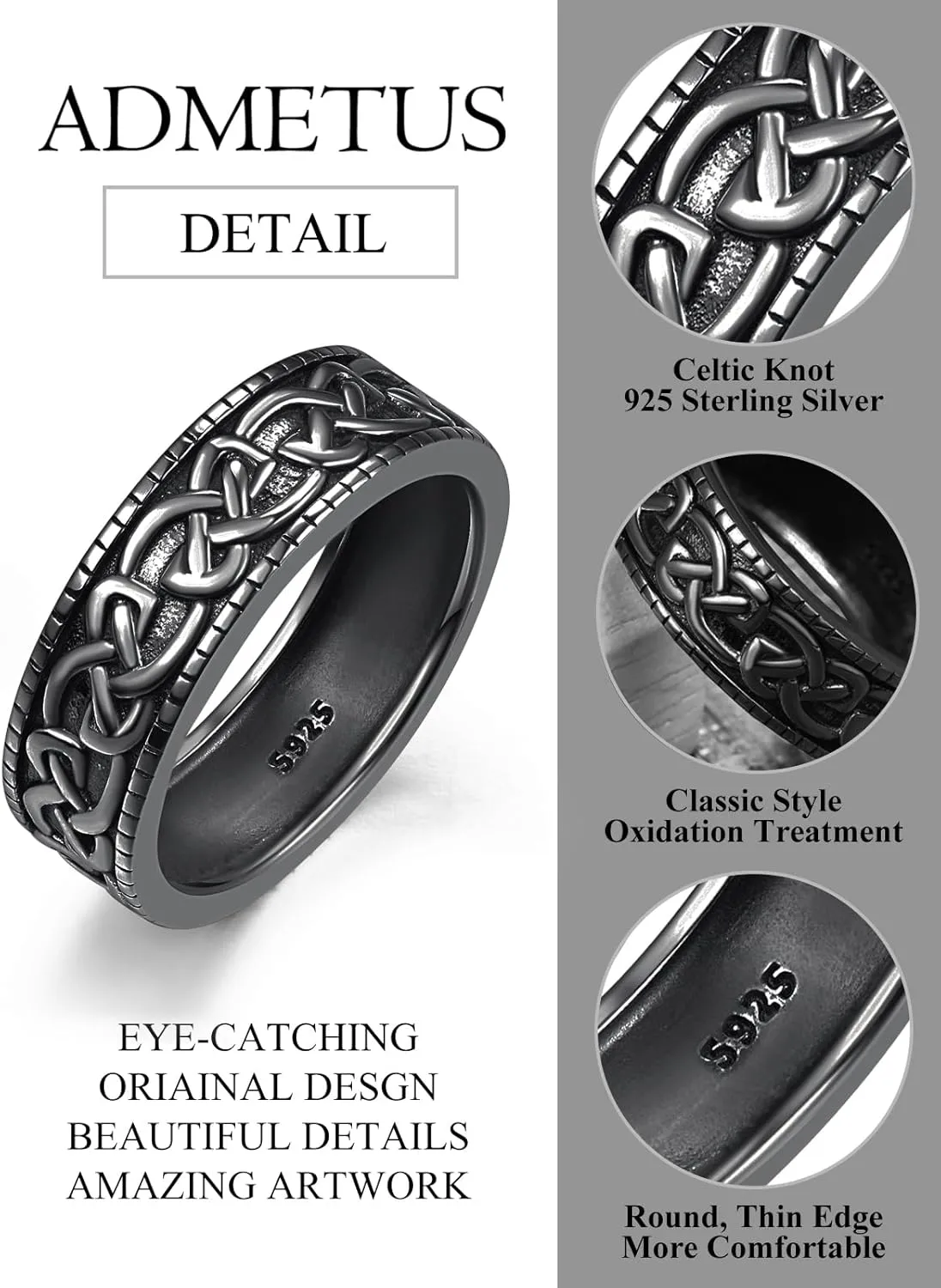 ADMETUS 925 Sterling Silver Celtic Knot Ring Wedding Band Rings for Men Celtic Jewelry Gifts for Men Rings Size 5-15
