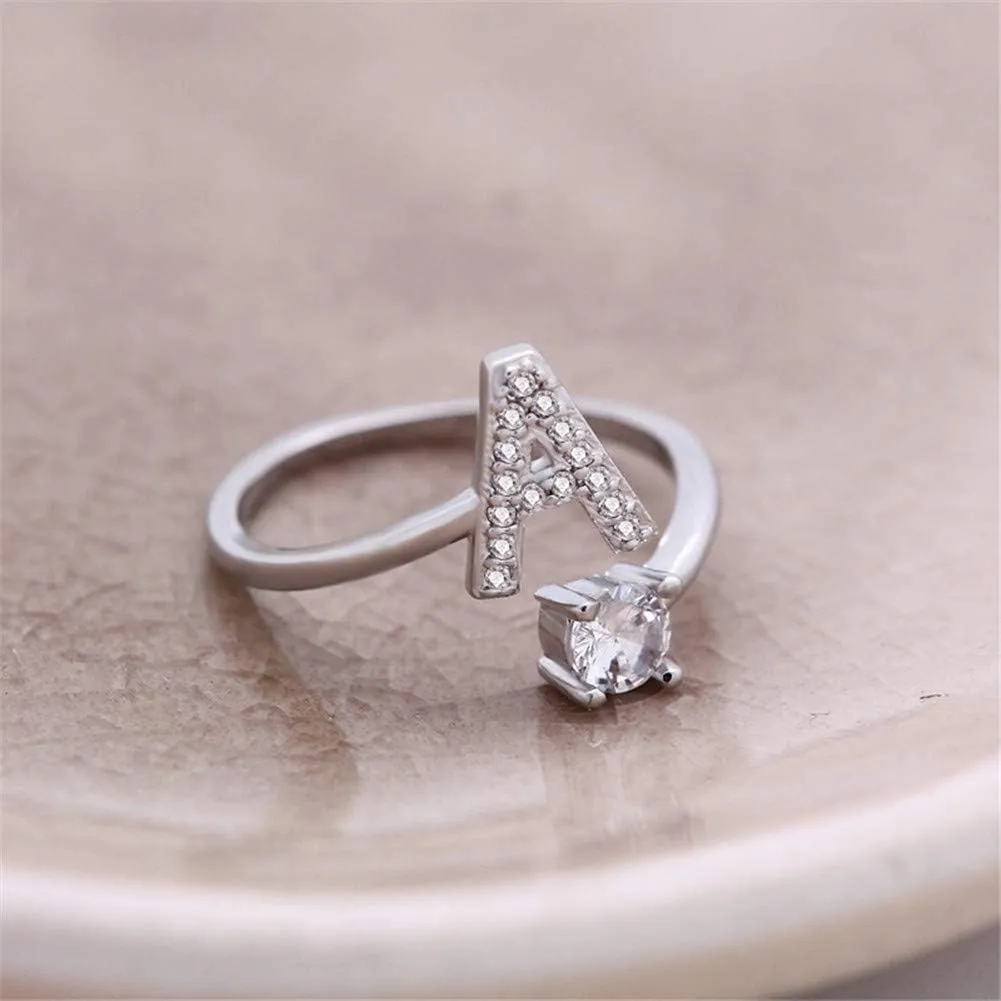 Ailiessy Rhinestone Open Letter Rings Initial Crystal Letter Adjustable Index Finger Rings for Women Fashion Jewelry