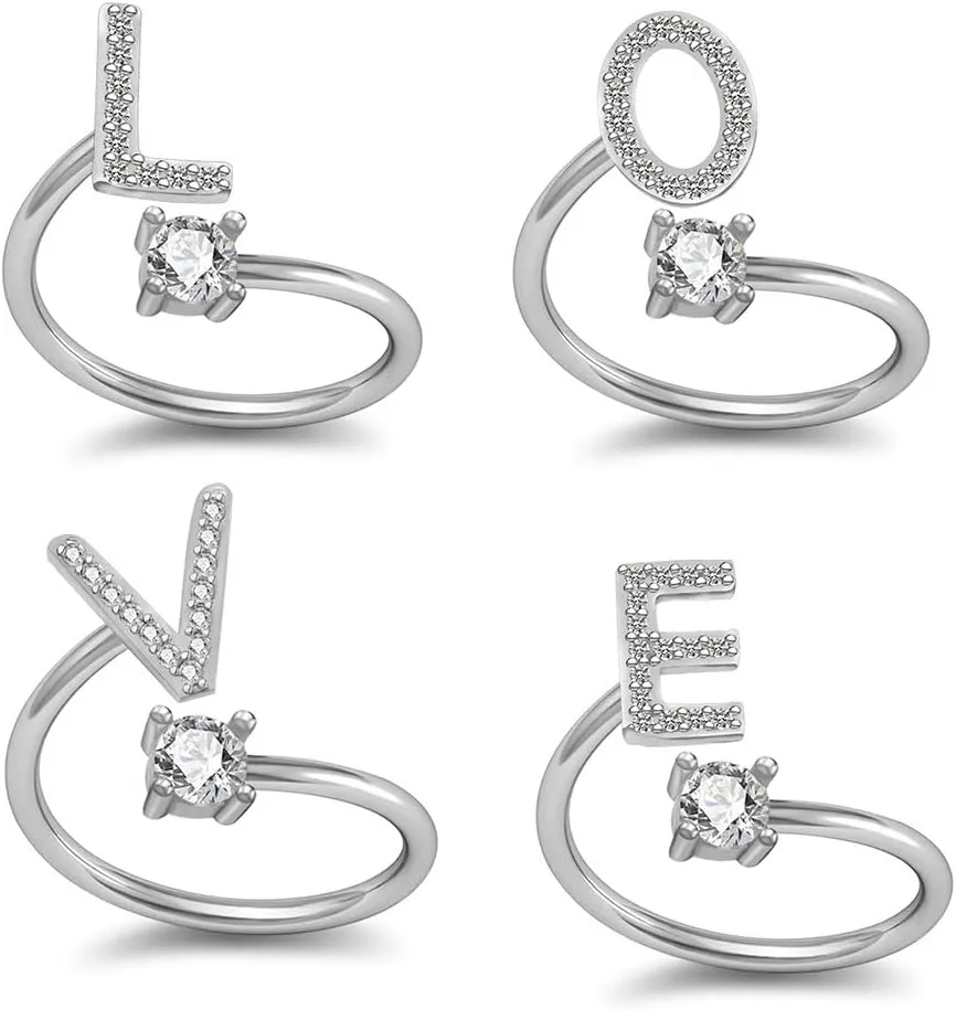 Ailiessy Rhinestone Open Letter Rings Initial Crystal Letter Adjustable Index Finger Rings for Women Fashion Jewelry