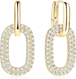 AINUOSHI 2.16 ct. tw Pave Moissanite Oval Huggie Convertible Link Earrings Lab Created Diamond Drop Dangle Paperclip Link Chain Earrings for Women 14K Gold Plated 925 Sterling Silver Hypoallergenic
