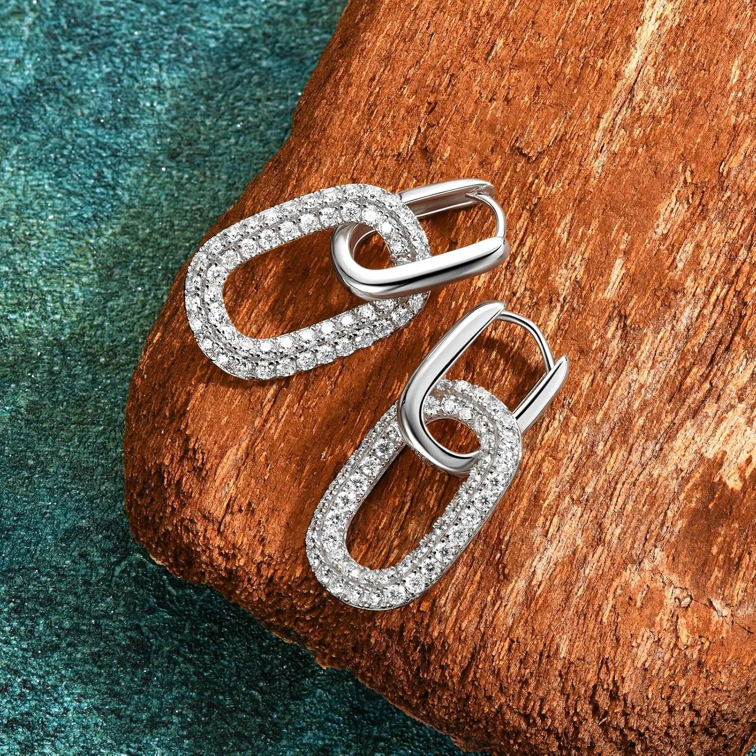 AINUOSHI 2.16 ct. tw Pave Moissanite Oval Huggie Convertible Link Earrings Lab Created Diamond Drop Dangle Paperclip Link Chain Earrings for Women 14K Gold Plated 925 Sterling Silver Hypoallergenic