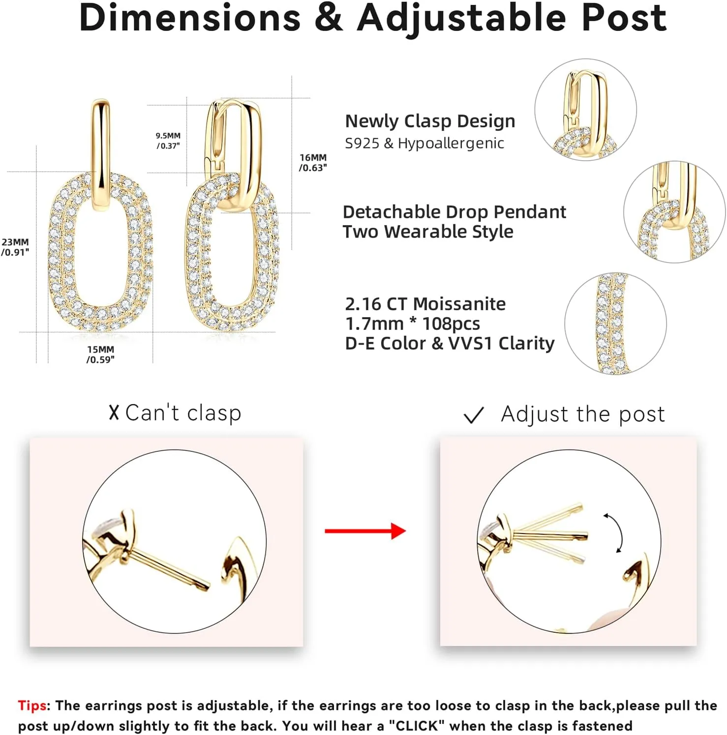 AINUOSHI 2.16 ct. tw Pave Moissanite Oval Huggie Convertible Link Earrings Lab Created Diamond Drop Dangle Paperclip Link Chain Earrings for Women 14K Gold Plated 925 Sterling Silver Hypoallergenic