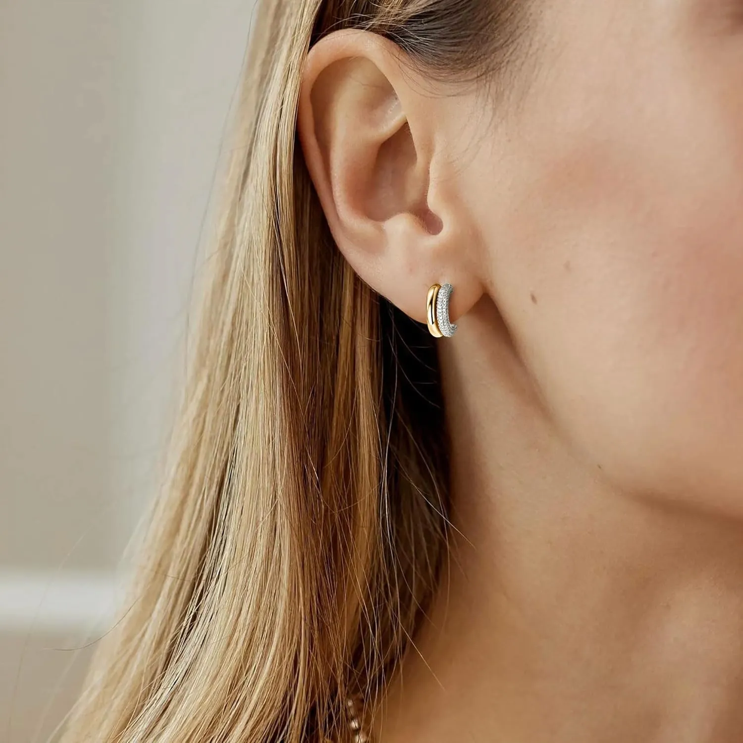 AINUOSHI Moissanite Huggie Earrings, Mix Two Tone Gold Color Tubular Huggie Hoops, Rose/Yellow Gold-plated and Lab Created Chunky Earrings, 925 Sterling Silver Studs Open Double Hoop Earrings for Women
