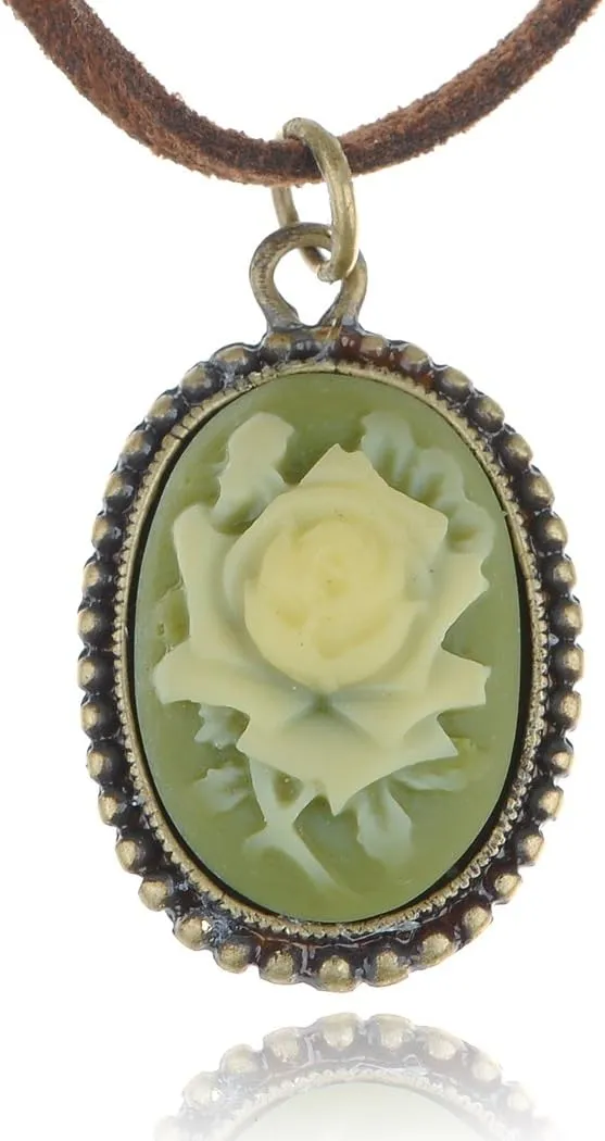 Alilang Antique Golden Tone Vintage Faux Suede Enamel Rose Oval Pendant Necklace