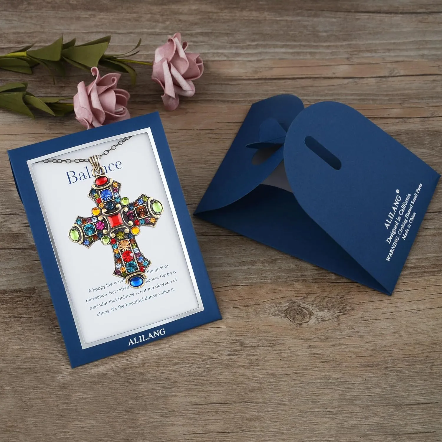 Alilang Colorful Stained Glass Rhinestone Cross Pendant Necklace with Religious Message Card & Envelope Christian Jewelry