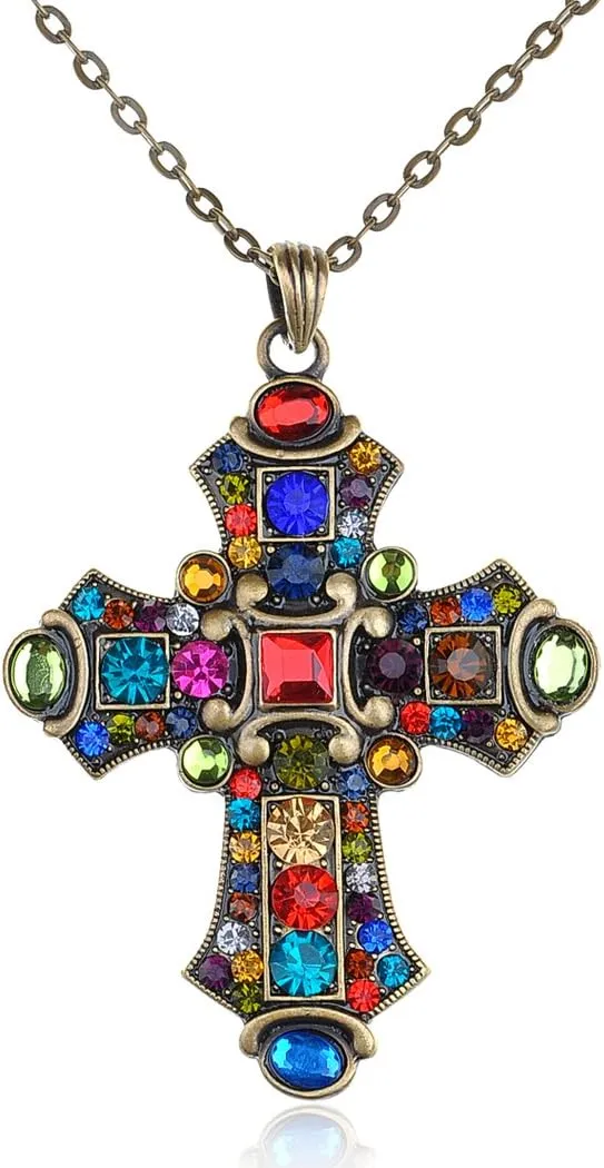 Alilang Colorful Stained Glass Rhinestone Cross Pendant Necklace with Religious Message Card & Envelope Christian Jewelry