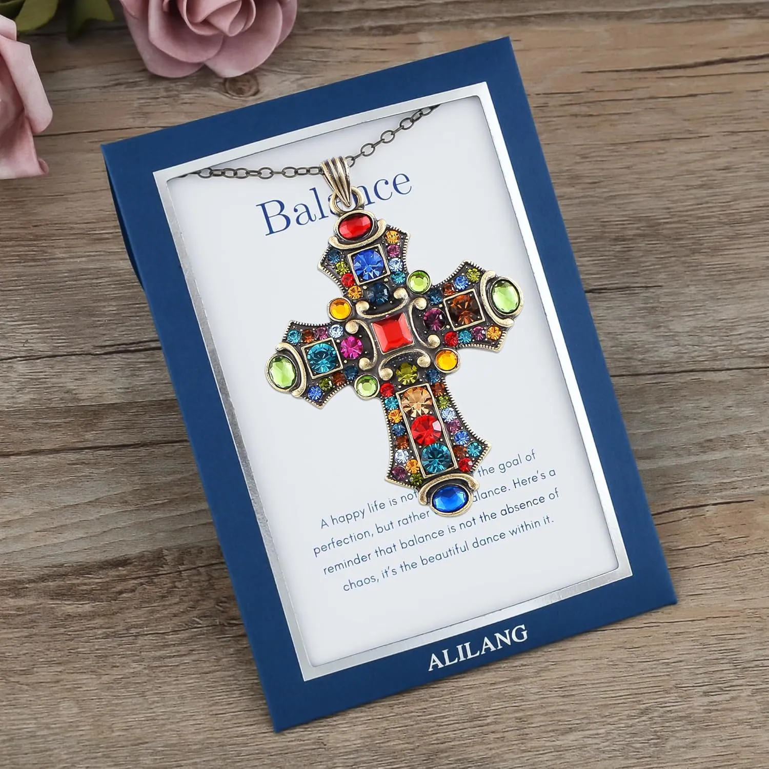 Alilang Colorful Stained Glass Rhinestone Cross Pendant Necklace with Religious Message Card & Envelope Christian Jewelry
