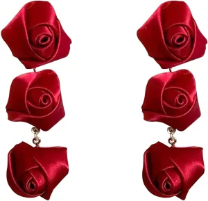 Anmpab Vintage Three Red Rose Flower Stud Earrings for Women Handmade Fabric Flower Dangle Drop Earrings Statement Jewelry