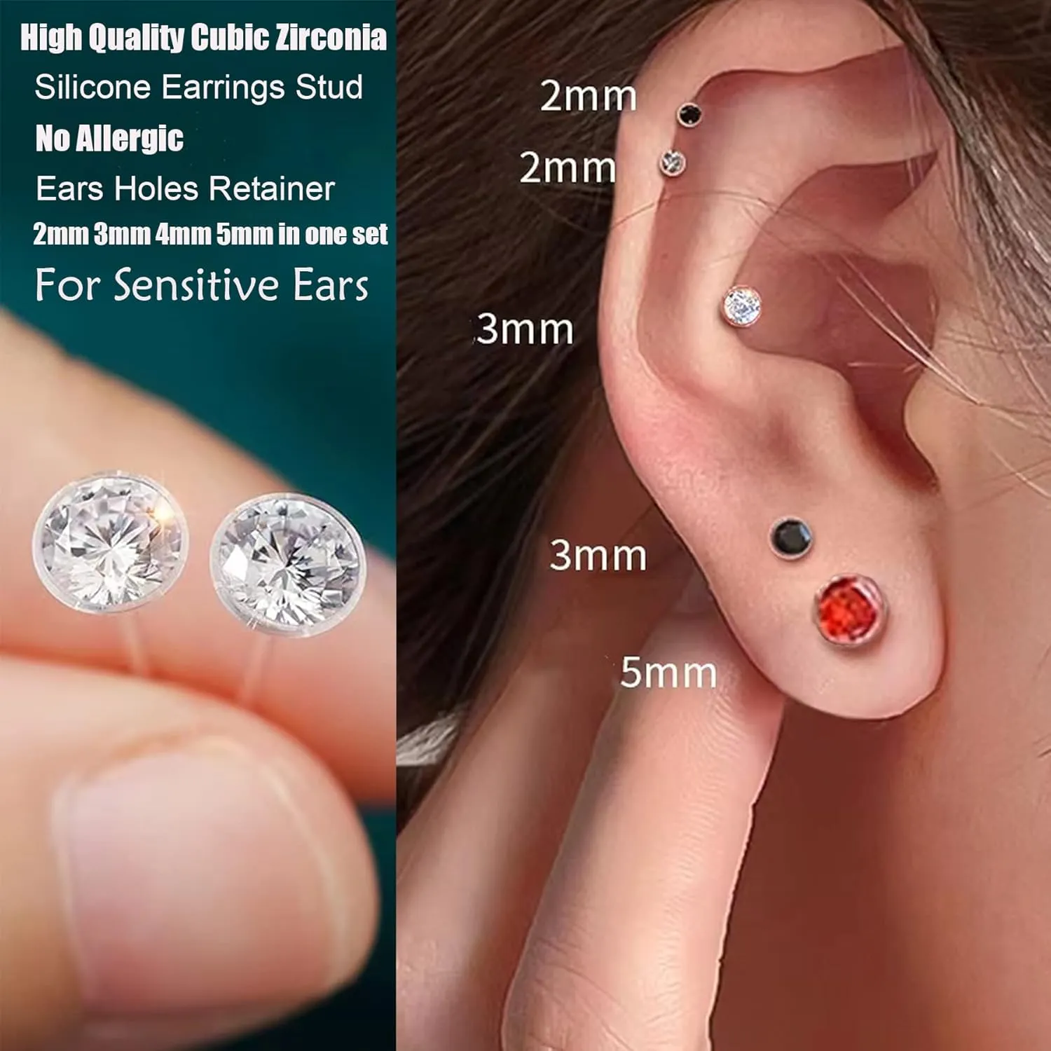 Anti Allergy Plastic Earrings for Sensitive Ears, Silicone Soft Earring Backs, Cubic Zirconia Stud Earrings Kit, 2mm, 3mm, 4mm, 5mm