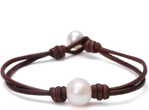 Aobei Pearl Single Cultured Freshwater Pearl Bracelet Handmade Leather Pearl Jewelry for Women 7''