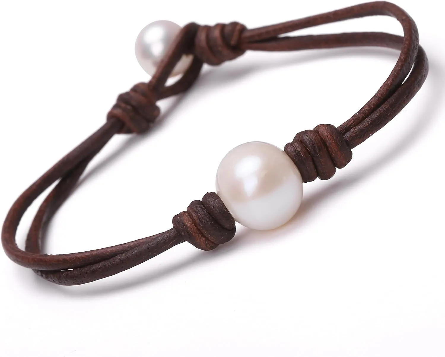Aobei Pearl Single Cultured Freshwater Pearl Bracelet Handmade Leather Pearl Jewelry for Women 7''