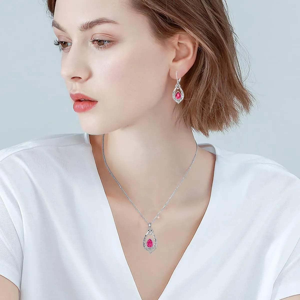 AOBOCO Celtic Knot Necklace 925 Sterling Silver Oxidized Vintage Love Knot Pendant Necklace with Simulated Birthstone Crystal, Birthday Christmas Jewellery Gifts for Women
